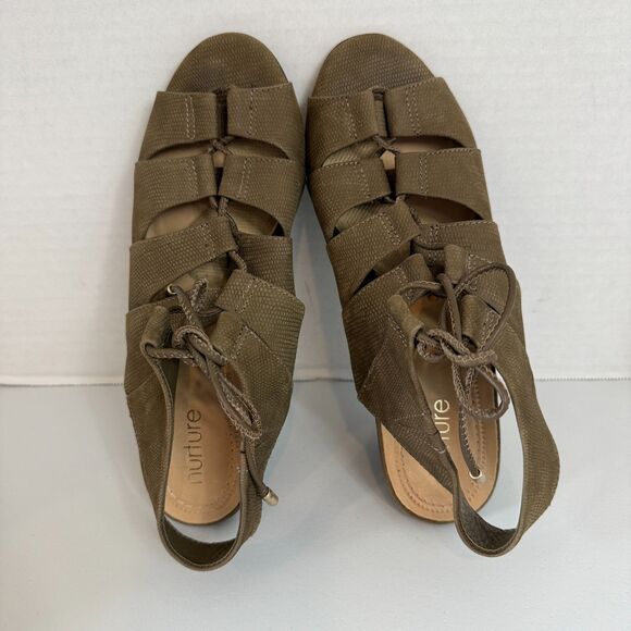 Nurture Bellamey Lace Up Sandals Textured Green Leather Block Heel Women's 6.5 - Picture 7 of 10